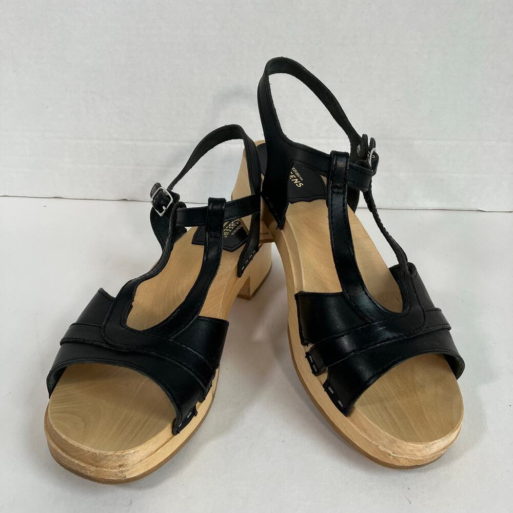 Swedish Hasbeens Ulla Low Sandals Size US 11 EU 41 Black Leather Wood Platform - Picture 2 of 16